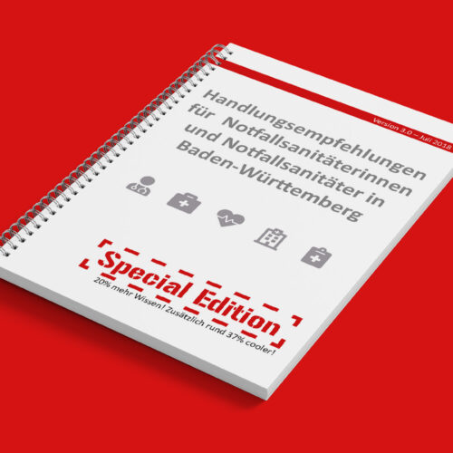 Zugeklapptes Buch auf rotem Hintergrund. Auf dem Titel steht "Handlungsempfehlungen für Notfalsanitäterinnen und Notfallsanitäter in Baden-Württemberg" und der Zusatz "Special Edition"